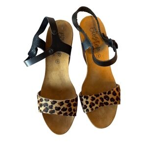 Biostep Women's Leopard Print Calf Hair Cork Wedge Sandals Leather Strap Size 9
